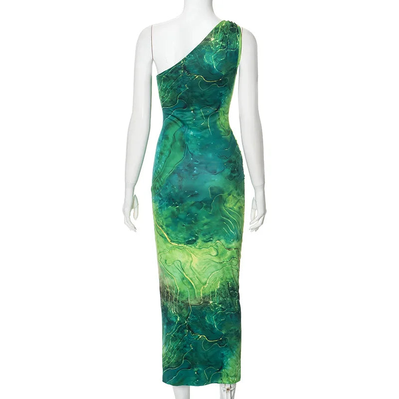 Green Print Long Dress Women Fashion One Shoulder Slim Evening Party Dresses Summer Sexy Backless Ruched Maxi Dress 2024