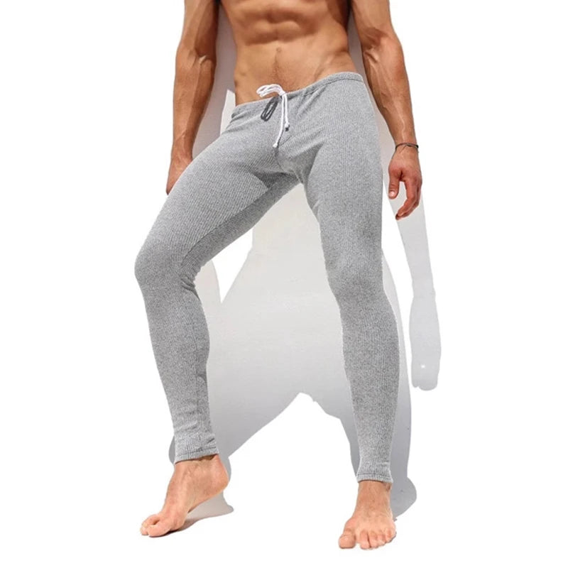 Sexy Stretch Slim Fit Knit Pants Mens Pajamas Autumn Casual Drawstring Solid Color Ribbed Knitted Pants For Men Spring Trousers