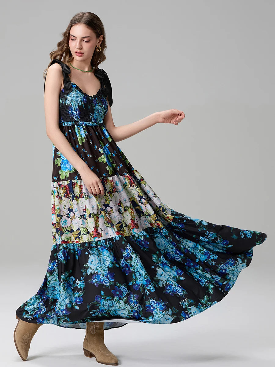 Combhasaki Women's Y2K Vintage Floral Print Ribbon Tie-Up Shoulder Straps Sleeveless V-Neck Summer Big Swing A-line Long Dress