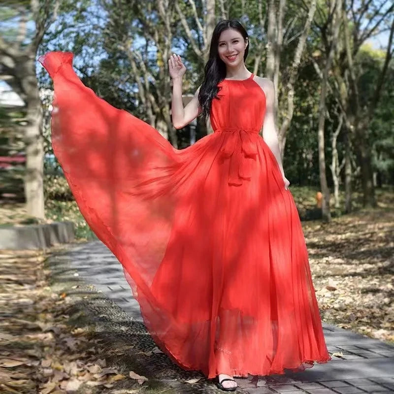 Travel Photo Desert Long Dress Women New Summer Chic Large Swing Chiffon Dress Slim Plus Size 4XL Seaside Holiday Beach Dresses
