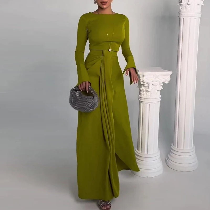 2024 Casual Solid Prom Dress Elegant O Neck High Waist Pleated Commuter Dress New Autumn Fashion Flared Sleeve Split Long Dress