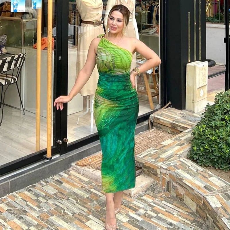 CUTENOVA Sexy Slash Collar Gradient Print Long Dress Summer Chic One-Shoulder Backless Party Dresses Sleeveless Hollow Slim Fit