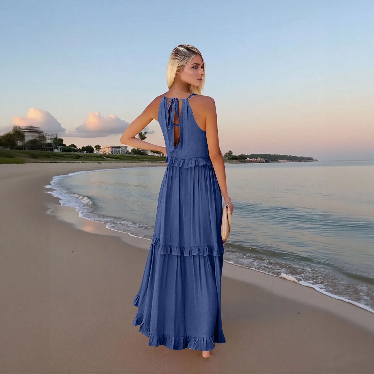 Women's Ruffled hem layered long dresses Summer Sleeveless backless dress Fashion Long Dress Big Swing Beach Dress vestidos