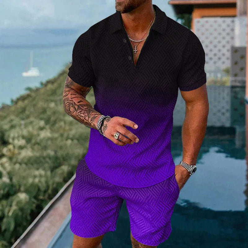 Solid Color Gradient Print Men's Sweatsuit Set Summer Casual Zipper Polo Shirt And Shorts 2pcs Sets Trend Man Pullover Clothing
