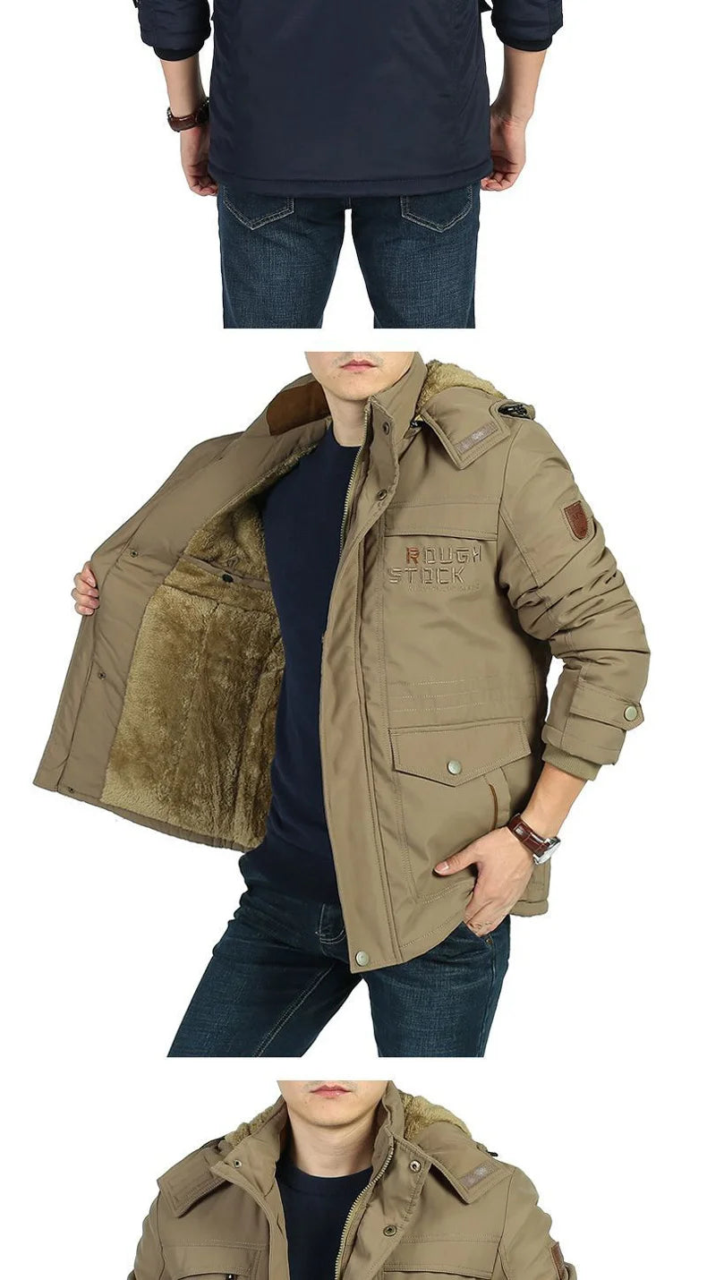 winter Parka Men's Multi-pocket Thickened Fleece-lined Cold-proof Padded Jacket Outdoor Camping Removable Cap Warm Men's Coat