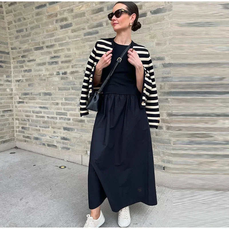Fashion Patchwork Long Dress For Women Chic O-neck Sleeveless Party Midi Dresses Female Elegant Evening Holiday Lady Vestidos