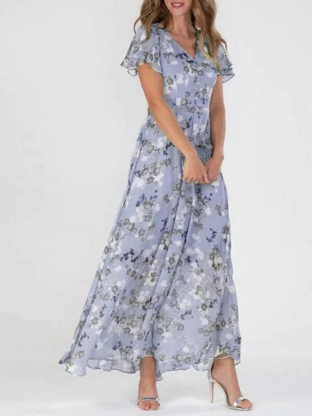 Beach Holiday Chiffon Midi Dress Women Fashion V-neck Short Sleeve Dresses For Women 2024 Summer Floral Print Long Dress Ladies