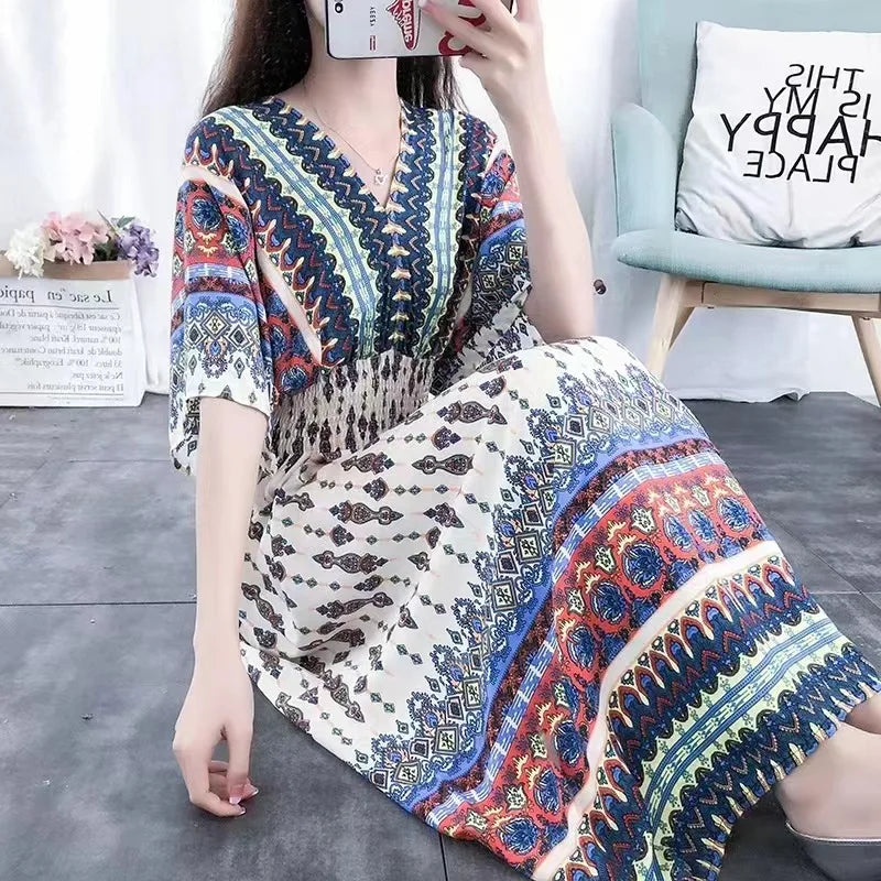 V-neck Large Skirt Hem Casual Sweet Holiday Long Dress Bat Sleeves Elastic Waist Bohemian Print Floral Elegant Dresse For Women