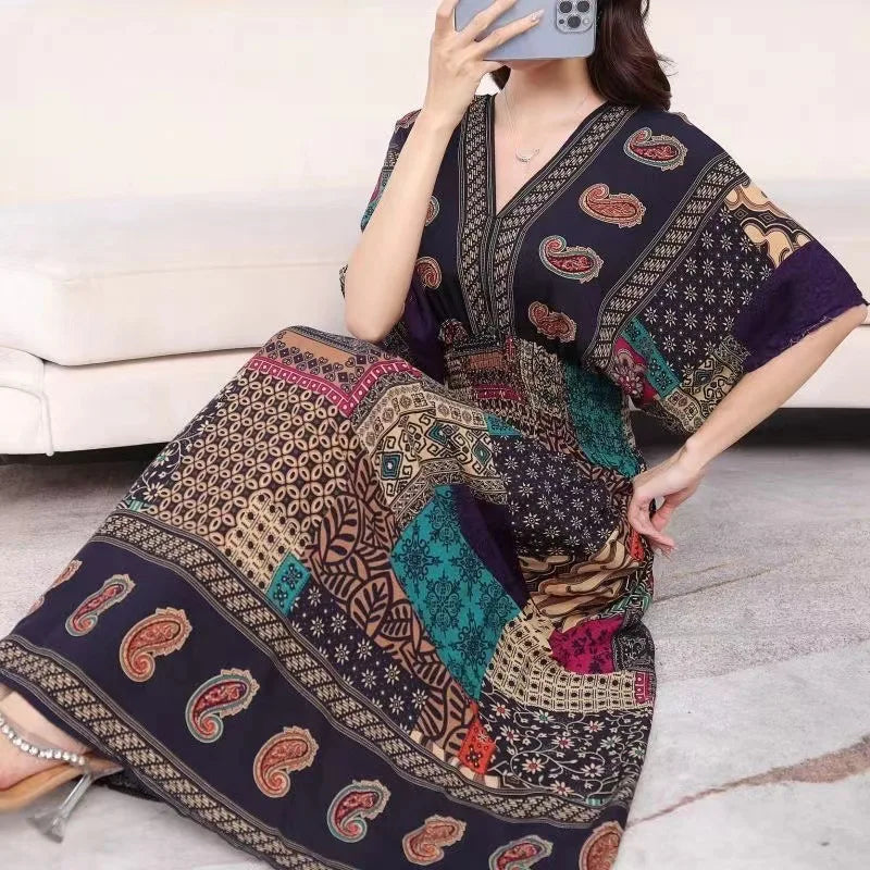 V-neck Large Skirt Hem Casual Sweet Holiday Long Dress Bat Sleeves Elastic Waist Bohemian Print Floral Elegant Dresse For Women