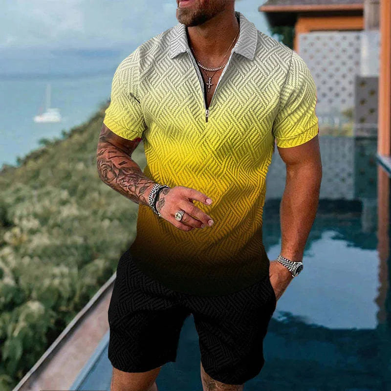 Solid Color Gradient Print Men's Sweatsuit Set Summer Casual Zipper Polo Shirt And Shorts 2pcs Sets Trend Man Pullover Clothing