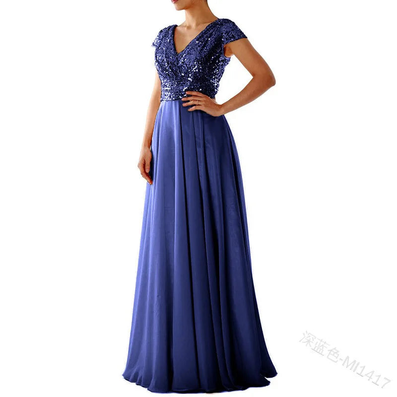 Elegant Sequins Chiffon Dress for Women V Neck Pleated Hem Female Sequins Chiffon Prom Cocktail Long Dress Wedding Evening Dress