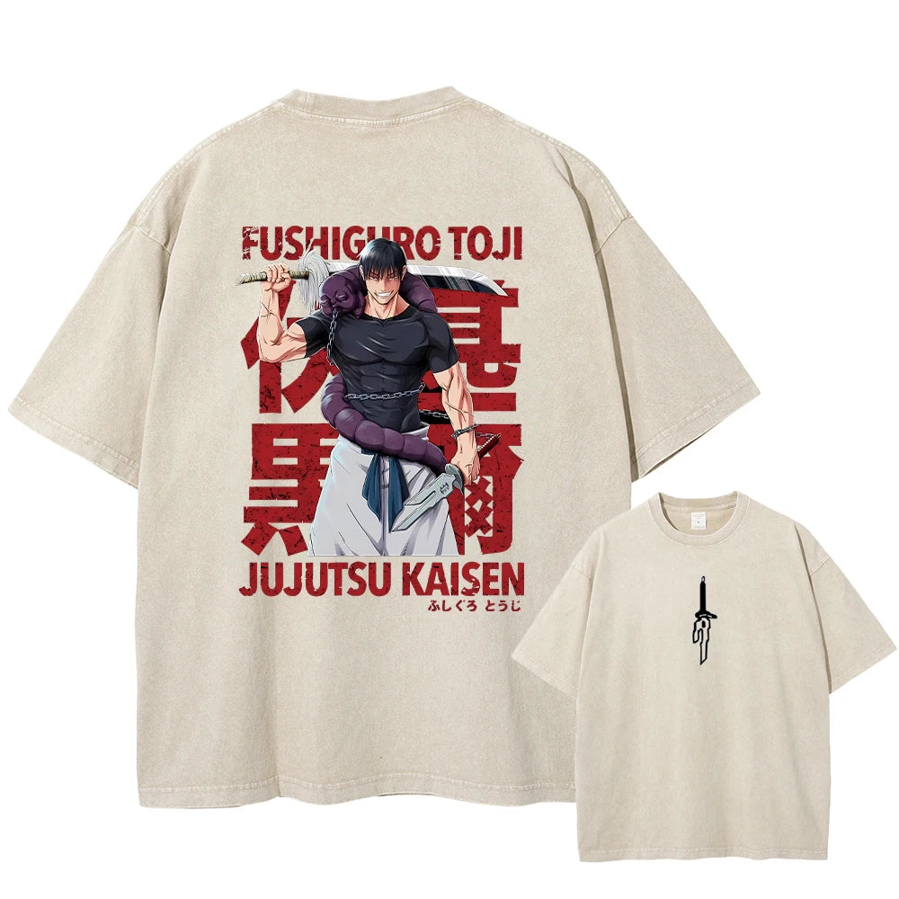 Men Streetwear Washed Apricot White Oversized T Shirt Japanese Anime Graphic Print T-Shirt Summer Cotton Short Sleeve Tees