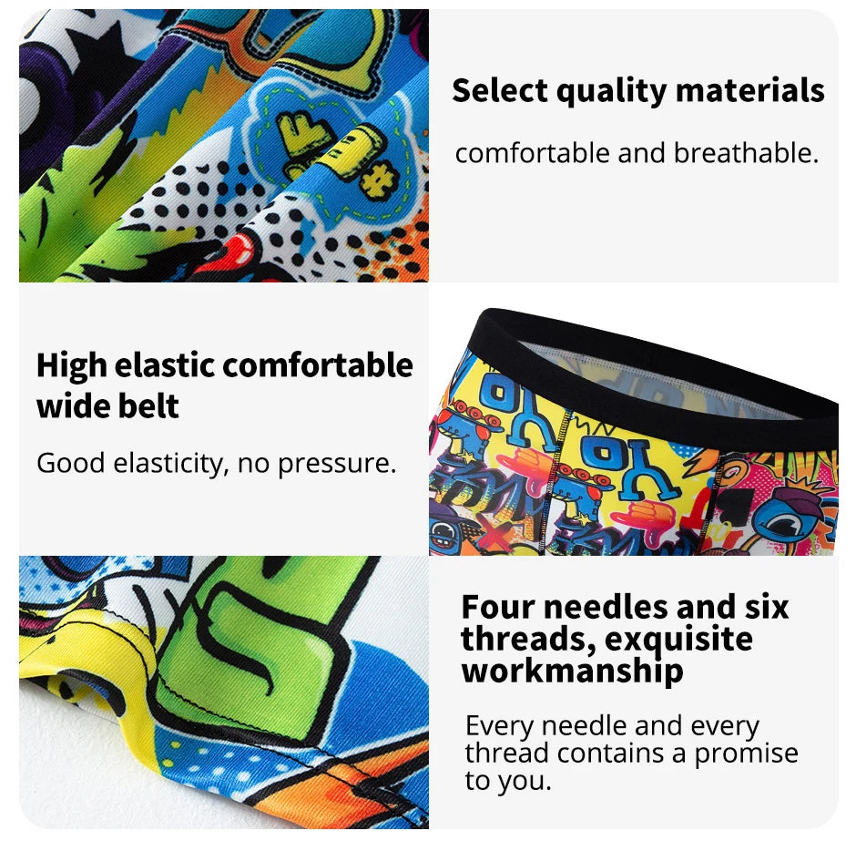 6 Pcs Parent-child Fashion Printed Underwear Men's Multi-size Long Boyshort Teenagers Comfortable And Versatile Elastic Waist S
