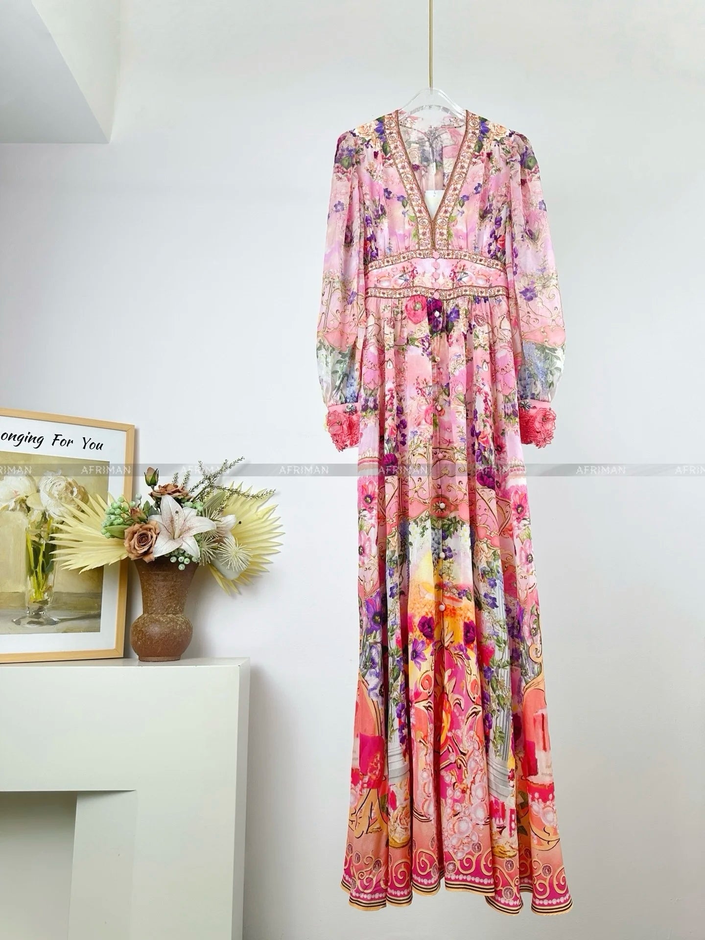 Women V Neck Crystal Beaded Pink Flower Print 3D Flower Embroidery Long Sleeve Silk Long Dress