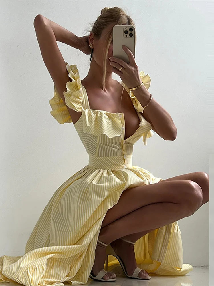 Flying Sleeve Ruffle Striped Slip Long Dress Women Elegant Square Collar Waist Cinching Pleat Party Dresses Chic Ladies Vestido