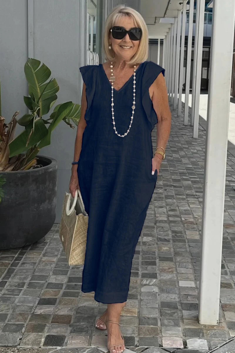Summer Cotton And Linen Dress For Women Fashion Flying Sleeves Strappy Back Solid Color Loose Long Dress Elegant Robe Femme