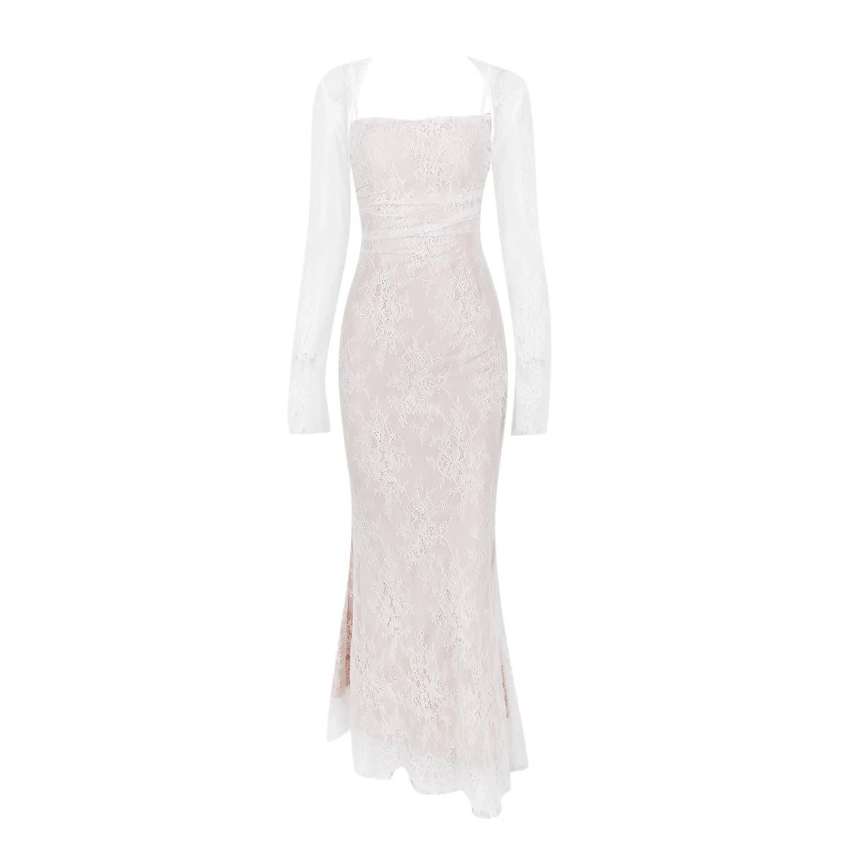 Mozision Elegant Lace Print Maxi Dress Set Women Fashion Spaghetti Strap Long Sleeve Bodycon Club Party Sexy Long Dress