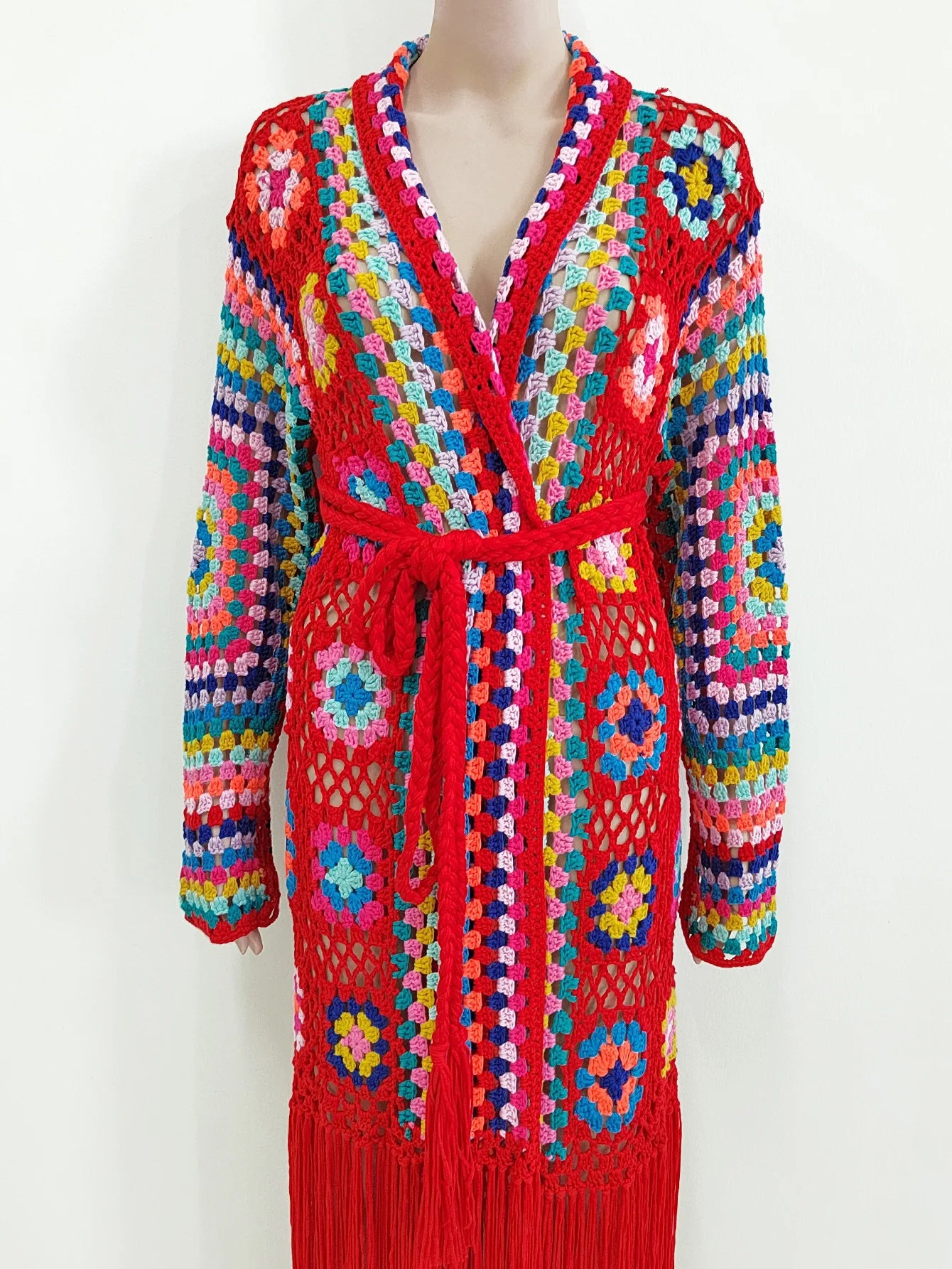 Crochet Knitted Women Cardigan Cover Ups Tassel Plaid Long Coat Bohemian 2023 Summer Beach Bikini Covers Sexy Hook Vestidos