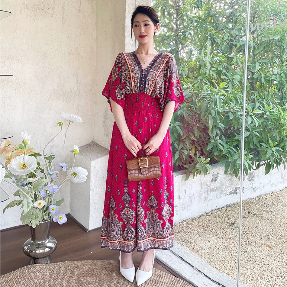 V-neck Large Skirt Hem Casual Sweet Holiday Long Dress Bat Sleeves Elastic Waist Bohemian Print Floral Elegant Dresse For Women
