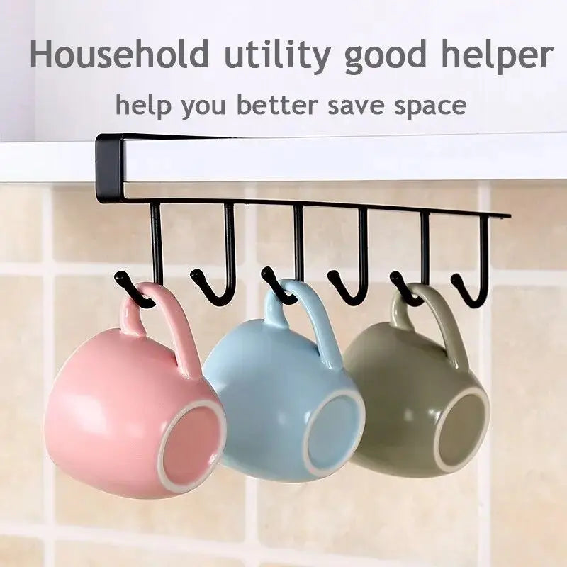 1pc 6 Hook Coffee Cup Mug Holder Black White Hooks Shelf Multifunction Kitchen Cabinet Sundries Organizer Storage Hanger