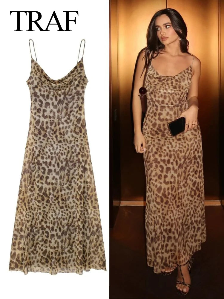 TRAFZA 2024 Women Summer Vintage Leopard Print Dress Sleeveless Backless Suspender Female Slim Casual Beach Party Long Dress