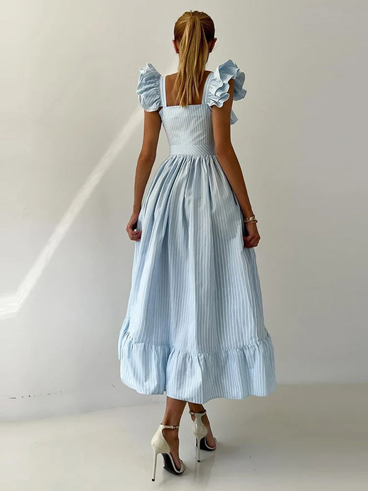 Flying Sleeve Ruffle Striped Slip Long Dress Women Elegant Square Collar Waist Cinching Pleat Party Dresses Chic Ladies Vestido