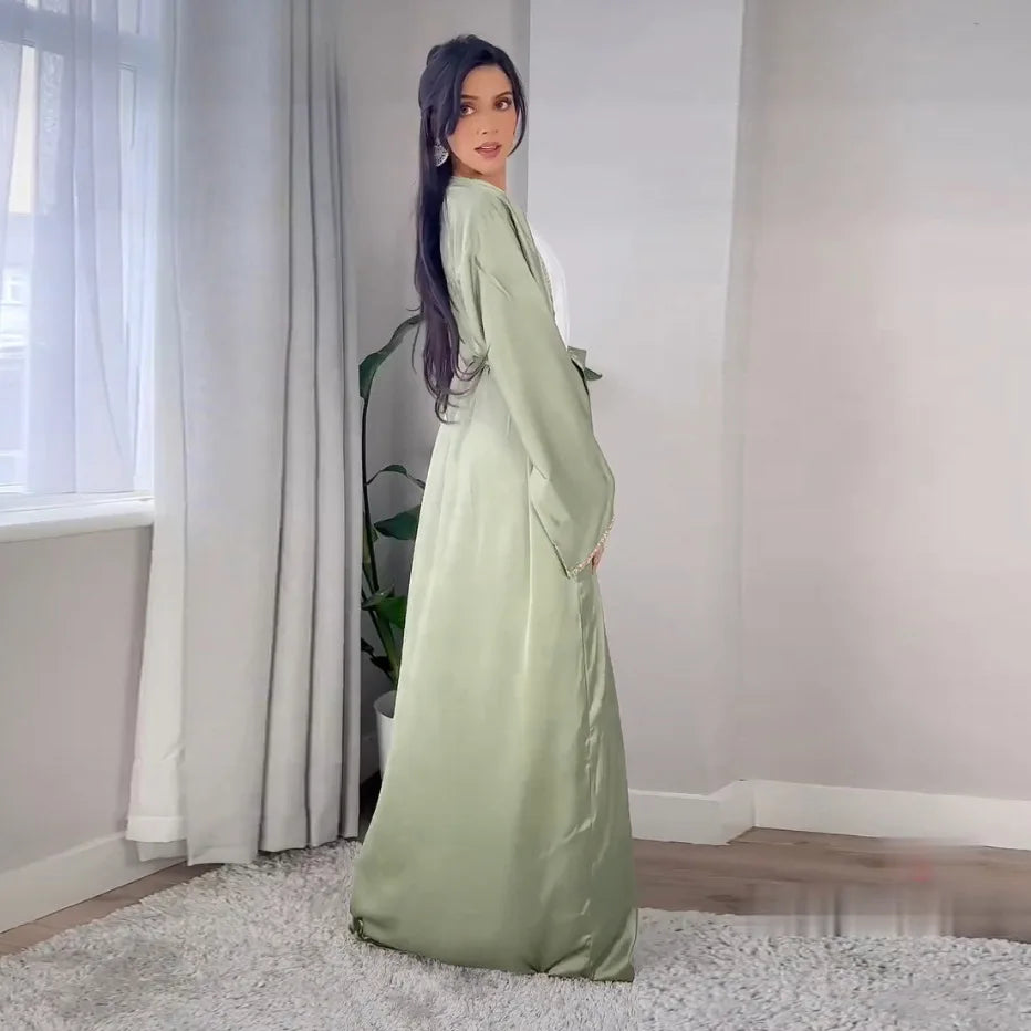 2024 Muslim Dress Diamond Women's Long Dress Fashion Long Sleeve Lace-up Long Abayas Casual Solid Color Clothes for Muslim Women