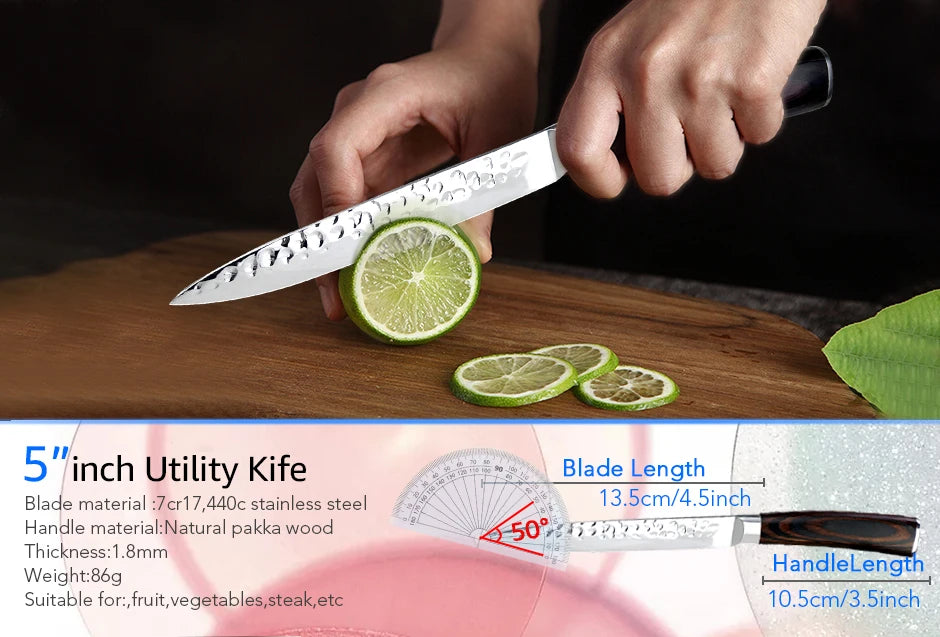 Kitchen Knives Japanese Chef Knife Set 7CR17 High Carbon Steel Full Tang Hammered Non-Stick Santoku Knifes Utility Meat Cleaver
