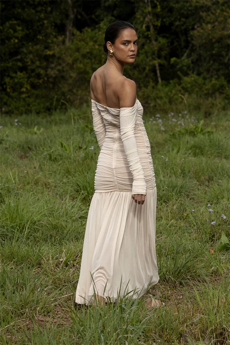 Mozision Off-shoulder Strapless Sexy Maxi Dress Women Summer New Patchwork Backless Long Sleeve Pleated Long Dress Elegant