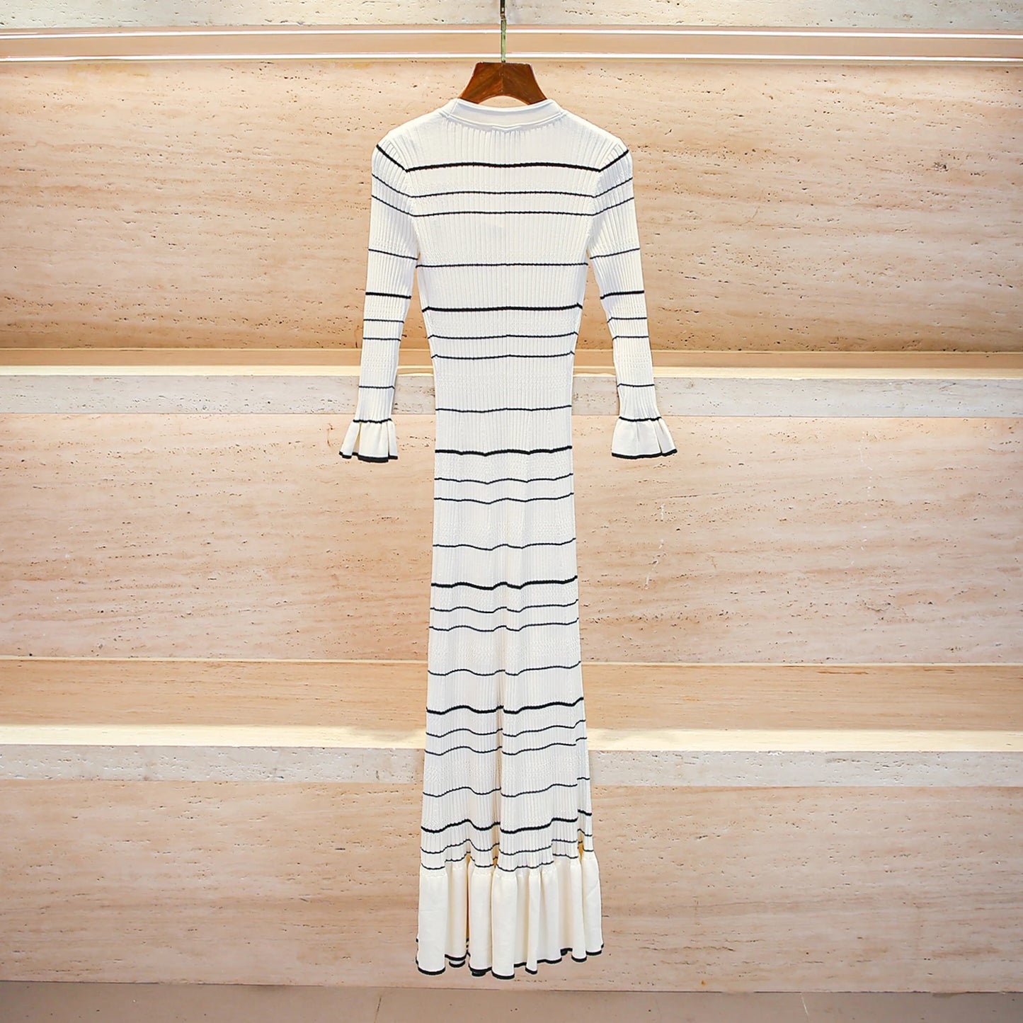 V-neck Striped Knitted Dress,high-end Women's Winter French Style New Item Evening Gown for Women Elegant Party Long Dress