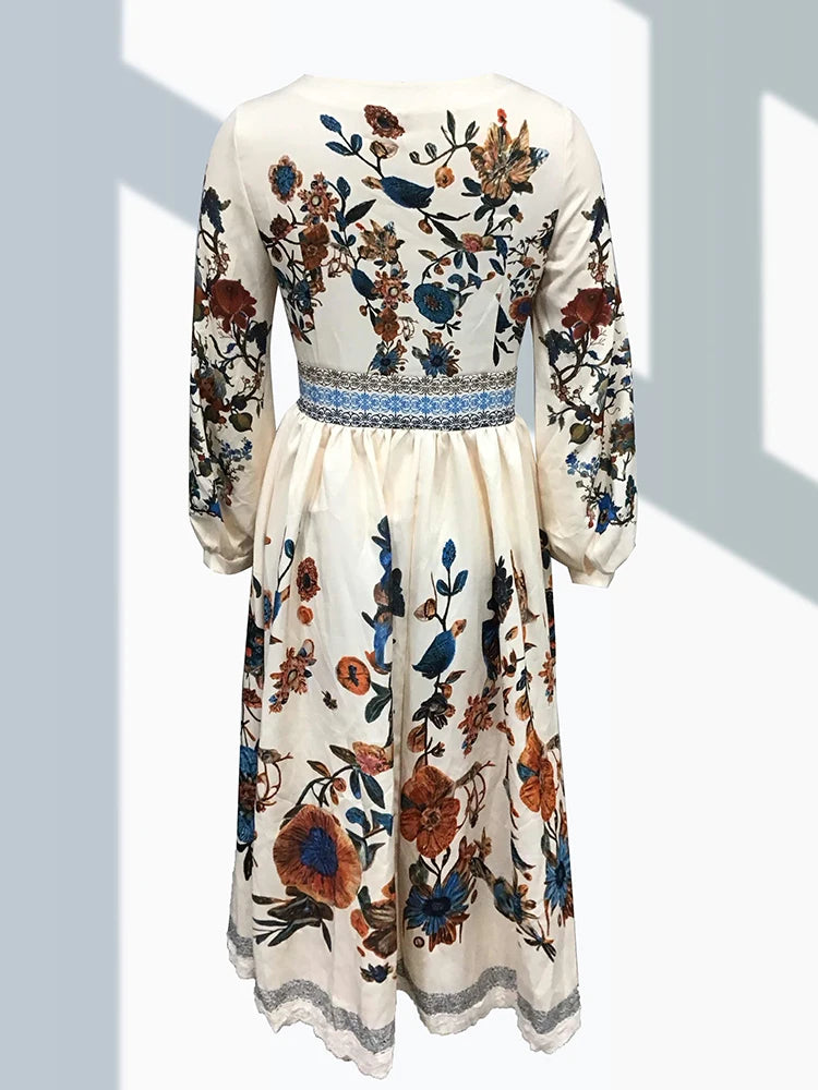 Luxury Elegant Lace Patchwork Boho Women's Long Dress Flower Plants Pattern V Neck Lantern Sleeve Woman's Long Dress for Spring