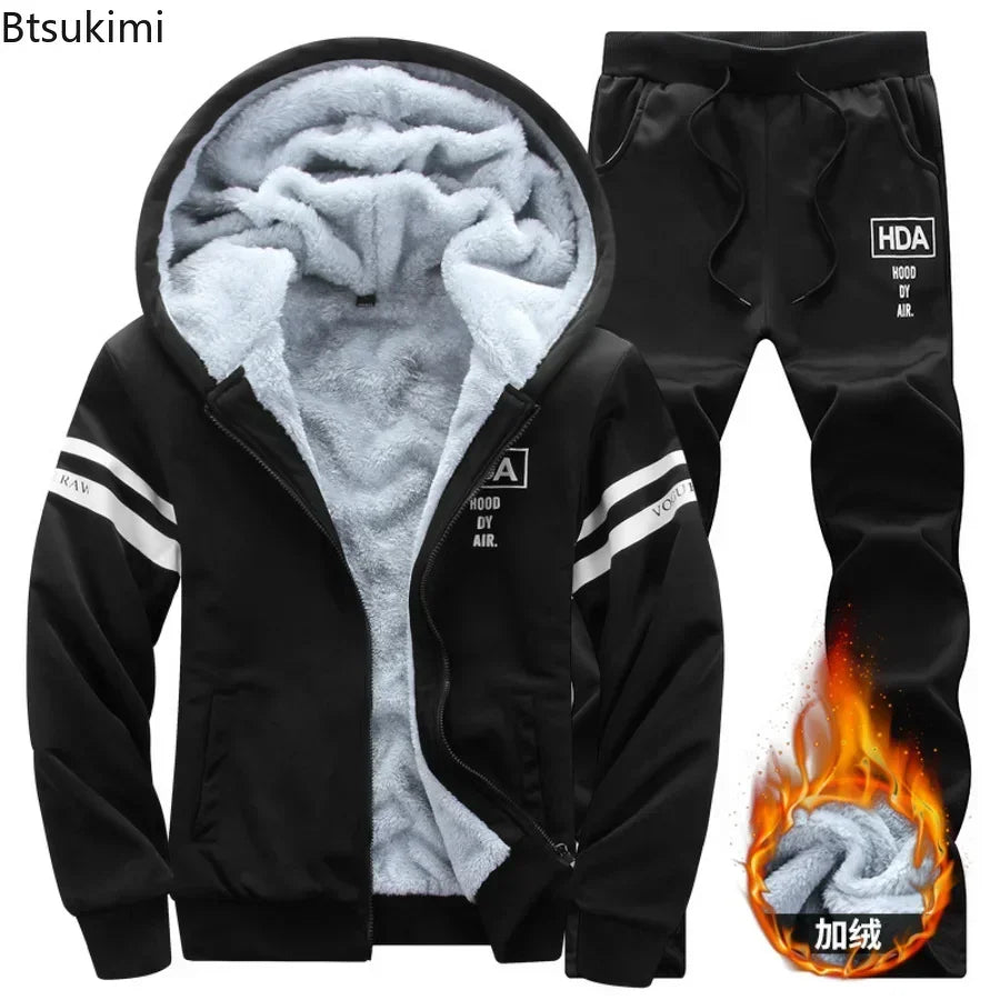 2025 Men's Thicken Warm Tracksuit Set Cardigan Fleece Hood Jacket+Pants Sweatshirts Male 2 Piece Sets Hoodies Suit Coat Big Size