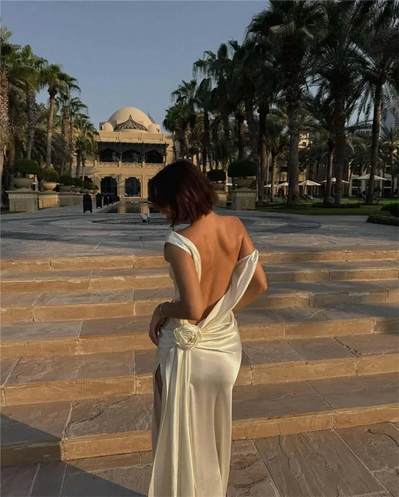 2025 Satin Backless Sexy Long Dress for Women Elegant Rose Thigh High Waist Beach Holiday Gorgeous Club