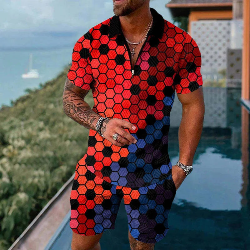 Solid Color Gradient Print Men's Sweatsuit Set Summer Casual Zipper Polo Shirt And Shorts 2pcs Sets Trend Man Pullover Clothing