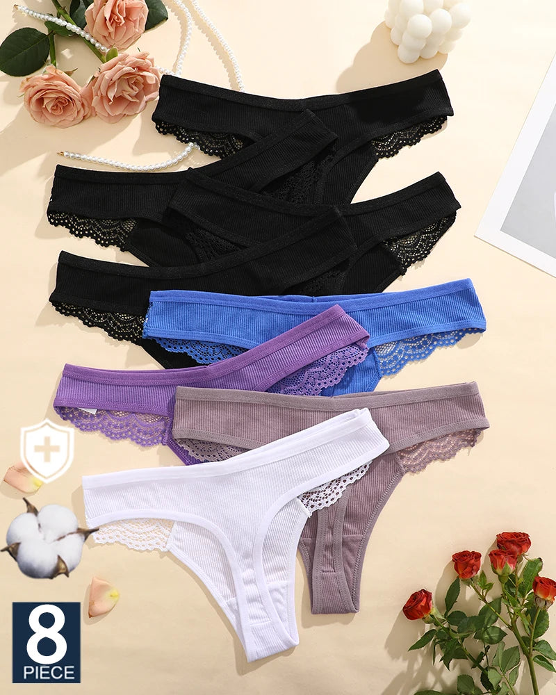 FINETOO 8Pcs Women's Cotton Underwear Lace Thongs Sexy Solid Color Low Waist Bikini Panties Ladies Breathable G-string Lingerie
