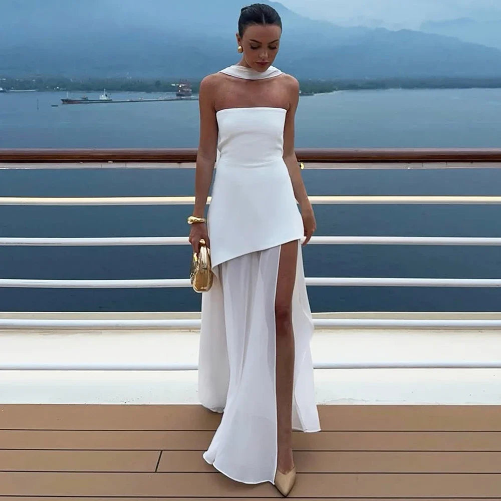 Tuularose Fashion Ribbon Long Dress Women's 2025 Summer White Backless Sleeveless Vacation Dress Elegant Slit Slim Long Dresses