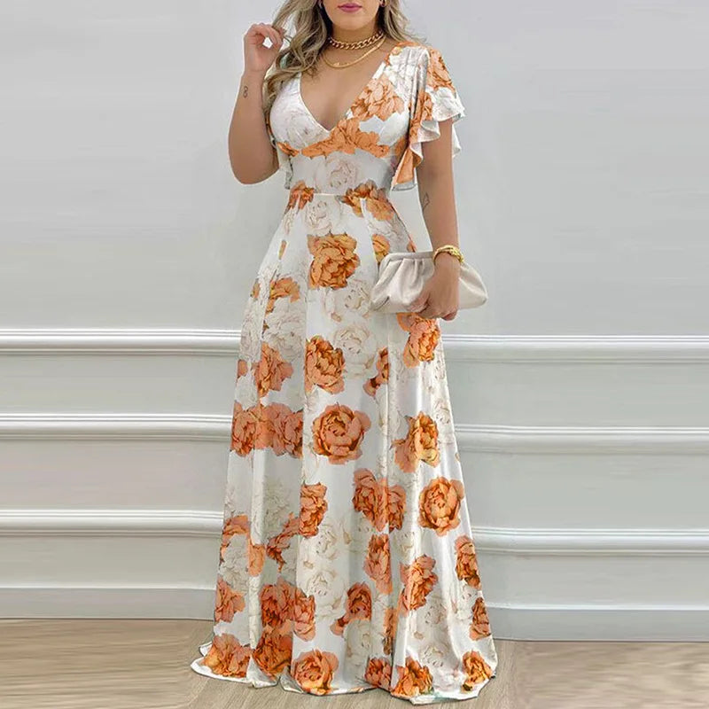 Women Summer Long Dress Floor Length 2024 New Floral Print V-neck Sexy Waist Big Swing Woman Casual Dresses Vestidos GHH9040