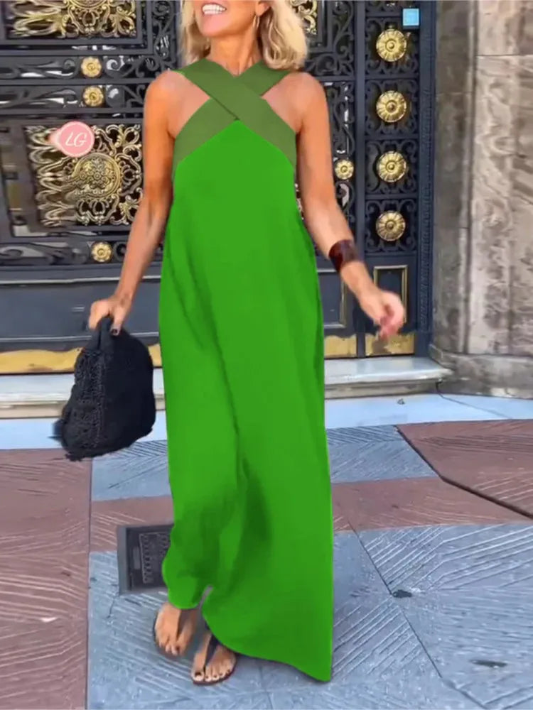 Summer Casual Loose Beach Dresses Fashion Off Shoulder Multi-color Holiday Dress 2025 New Women Halter Color Blocked Long Dress