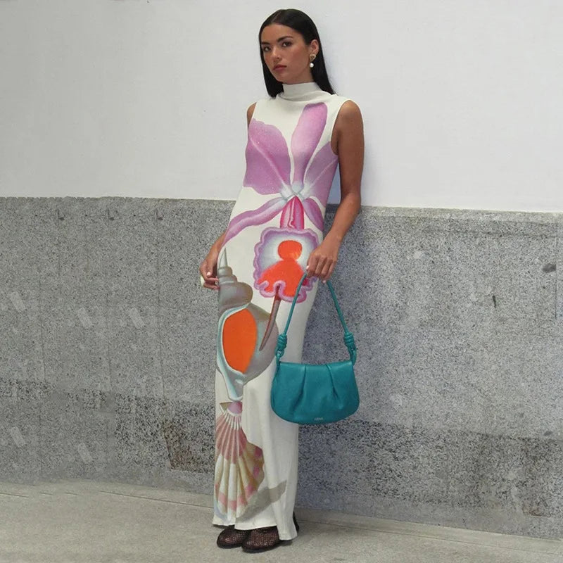 2024 Spring Summer Women long Dress Turtleneck Print Slit Round Neck Sleeveless Slim Fit Maxi Dress Robes Female Party Vestidos