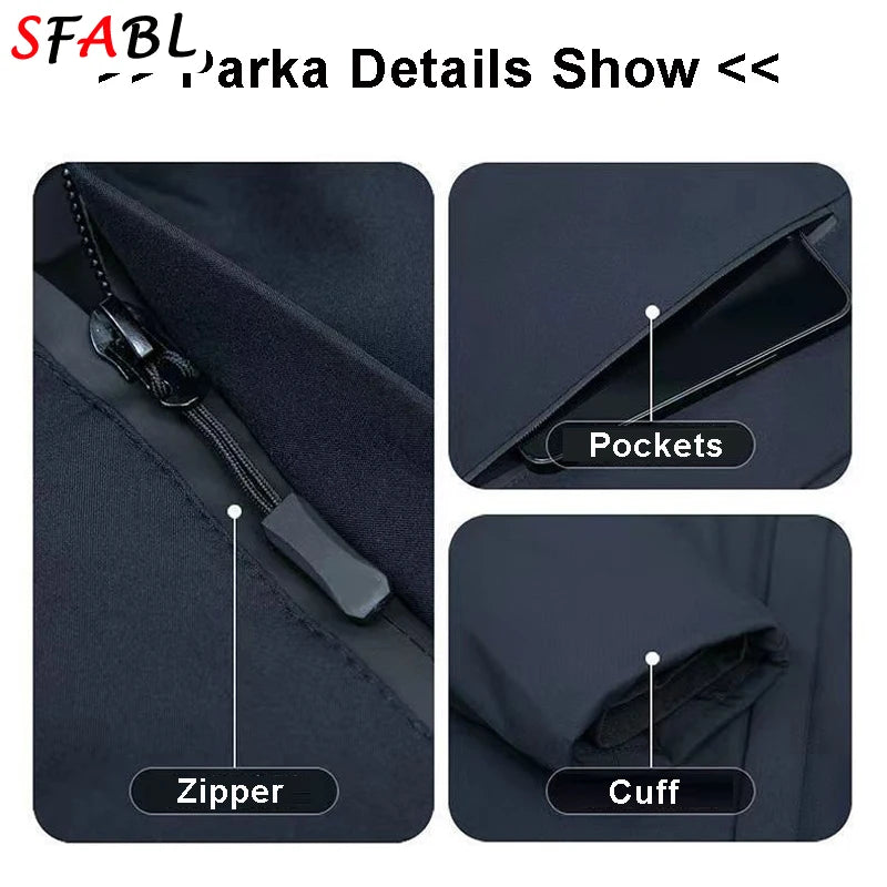 New Hooded Fleece Lining Men's Winter Jacket Coat Parka With Zipper Pockets Korean Winter Jackets for Men's Winter Coats Black