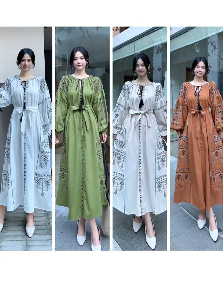 Bohemian Retro Ethnic Style Dress Women's New Spring Autumn Embroidered Lace Up Lantern Sleeves Waist Cinching Long Dress A155