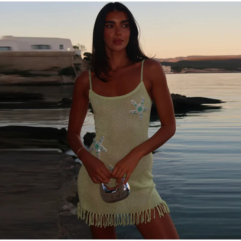 Star Pattern Knitted Sequins Long Dress Women Sleeveless O-neck Solid 2025 Summer Fashion Slim Dresses Vacation Party Vestidos