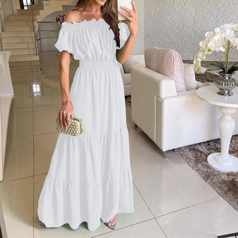 Women's Dress One-line Collar Spring And Summer Short-sleeved New Green Long Dress Fashion Casual Loose Beach Party Dresses Robe