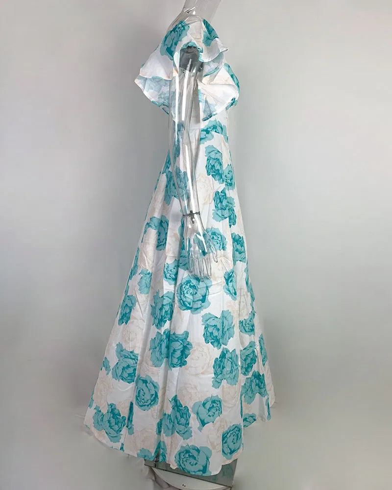 Women Summer Long Dress Floor Length 2024 New Floral Print V-neck Sexy Waist Big Swing Woman Casual Dresses Vestidos GHH9040