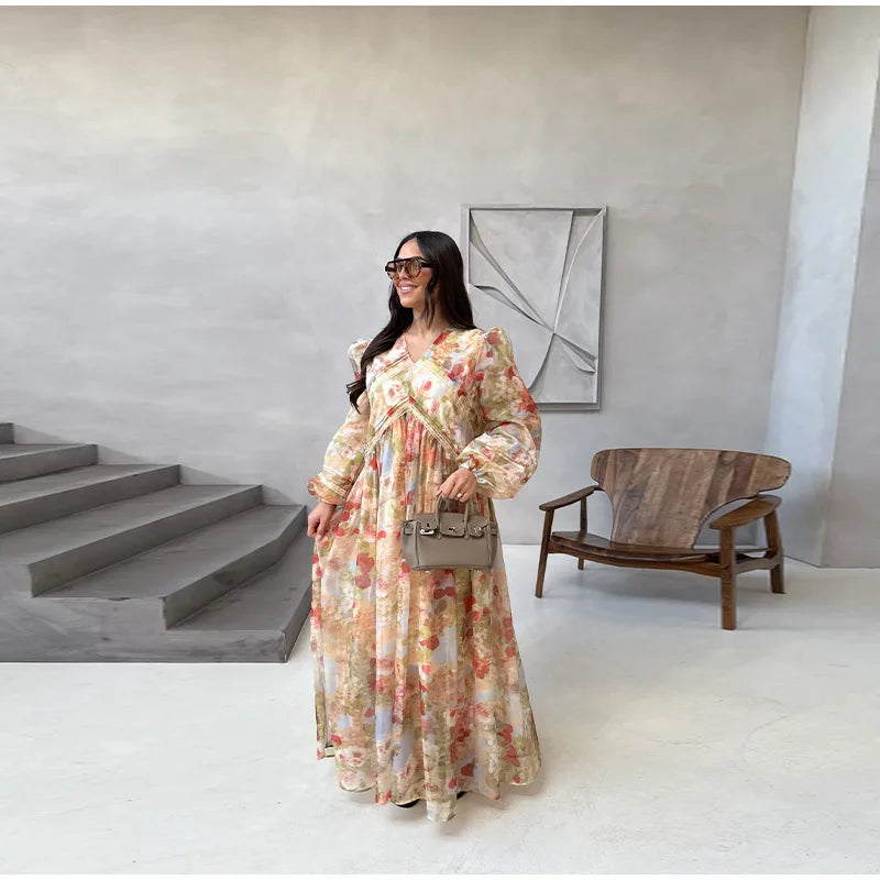 Fashion Print V-neck Women's Maxi Dresses Elegant Pleated Long Sleeve Loose Long Dress Female Summer Chic Casual Holiday Party