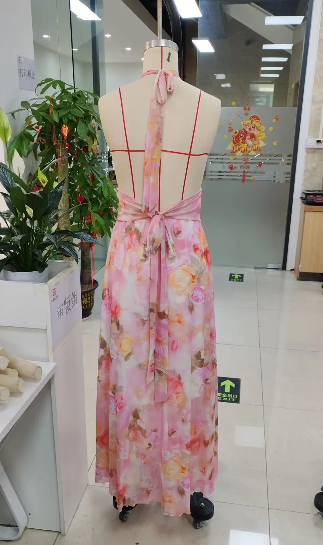 Combhasaki Women Summer Sleeveless Tie-up Halter Deep V-Neck Backless Flower/Dots Print Ruffle Hem Mesh Ruched A-line Long Dress