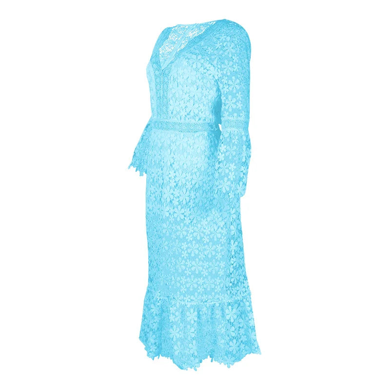 Sexy Autumn Lace Long Sleeve V-neck Big Show Long Dress Women Polyester Fabric High Waist Hollow Out Design Summer Style