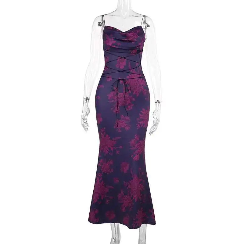 Avrilyaan Pile Collar Print Backless Sexy Dress Women 2024 Elegant Holiday Casual Dress Bodycon Summer Maxi Long Dress Vestido