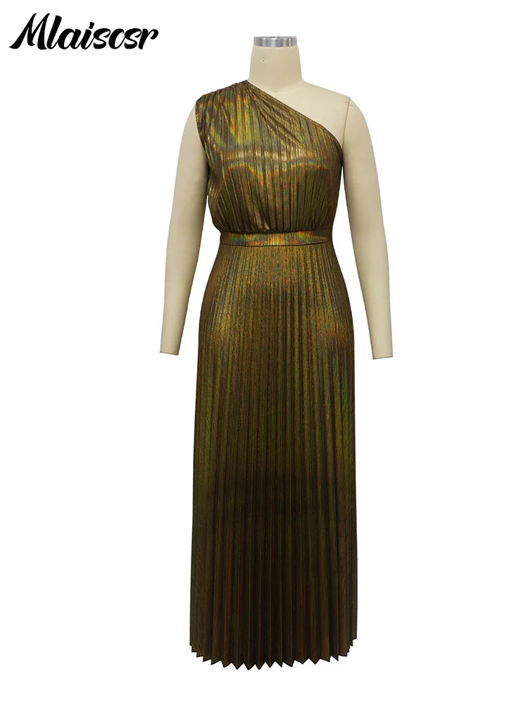 Mlaiscsr Metallic Golden One Shoulder Sleeveless Pleated A-Line Long Dress Elegant Women Luxury Birthday Evening Gowns Vestidos