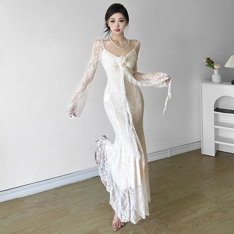 Sexy Lace Womens Dresses Summer Spring Fashion Elegant Evening Party Long Dress Birthday Prom Vestidos Female Clothing